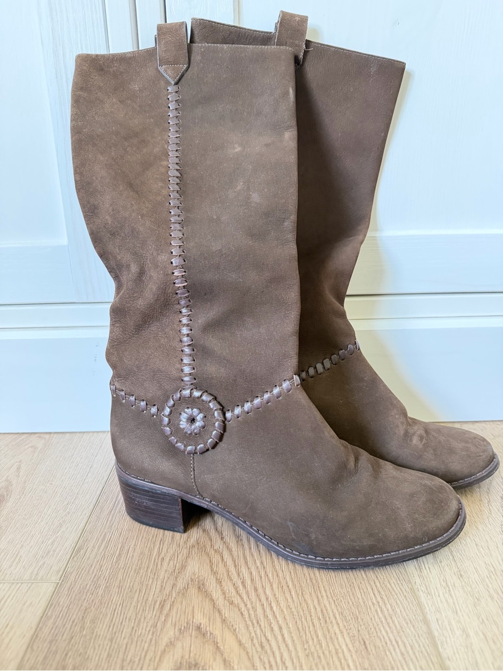 Jack Rogers Suede Knee-High Western Boho Boots - Brown with Signature Whipstitch